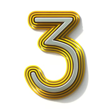 Yellow outlined font Number 3 THREE 3D render illustration isolated on white background