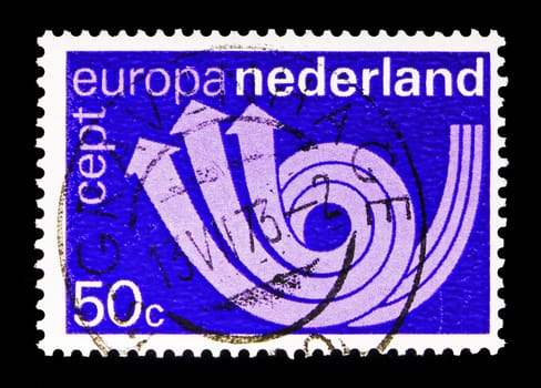 MOSCOW, RUSSIA - MAY 13, 2018: A stamp printed in Netherlands shows C.E.P.T. - Posthorn, serie, circa 1973