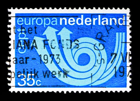 MOSCOW, RUSSIA - MAY 13, 2018: A stamp printed in Netherlands shows C.E.P.T. - Posthorn, serie, circa 1973