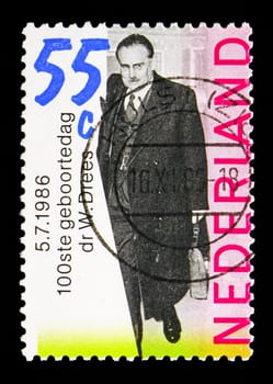 MOSCOW, RUSSIA - MAY 13, 2018: A stamp printed in Netherlands shows Doctor Willem Drees (1886-1988) premier, serie, circa 1986