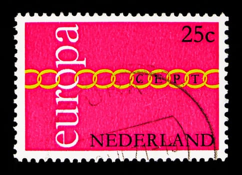MOSCOW, RUSSIA - MAY 13, 2018: A stamp printed in Netherlands shows Europa (C.E.P.T.) 1971 - Chain, serie, circa 1971