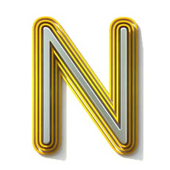 Yellow outlined font letter N 3D render illustration isolated on white background