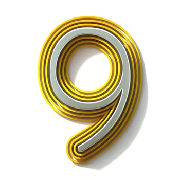 Yellow outlined font Number 9 NINE 3D render illustration isolated on white background