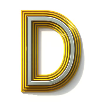 Yellow outlined font letter D 3D render illustration isolated on white background