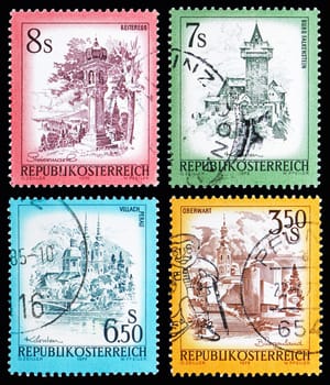 MOSCOW, RUSSIA - MAY 13, 2018: Four postage stamps printed in Austria shows Castles, Beautiful Austria serie, circa 1973-1978