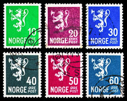 MOSCOW, RUSSIA - MAY 13, 2018: Six postage stamps printed in Norway from Lion type II serie, circa 1940-1941
