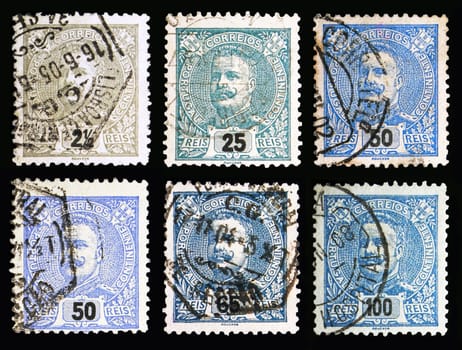 MOSCOW, RUSSIA - MAY 13, 2018: Six postage stamps printed in Portugal shows King Carlos I, serie, circa 1895