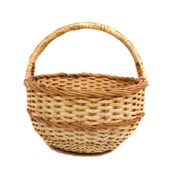 Empty wooden wicker basket isolated on white background.