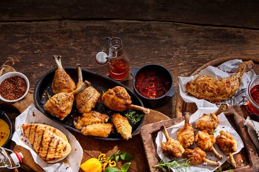 Summer picnic buffet with grilled spicy chicken portions on a rustic wooden table viewed from above with copy space