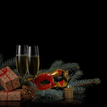 Still life with two wineglasses with champagne, gift boxes, fir tree branches and Christmas decorations on a black background. Copy space. New Year and Christmas