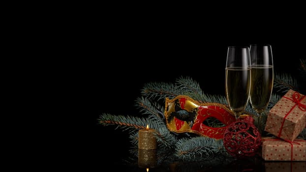 Still life with two wineglasses with champagne, gift boxes, fir tree branches and Christmas decorations on a black background. Copy space. New Year and Christmas