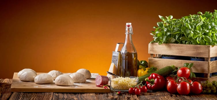 Fresh pizza ingredients with uncooked dough in individual portions on a rustic table over a brown background with copy space in a wide angle panorama with glow of the oven fire