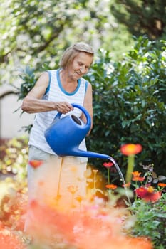 Elderly woman in her 80s watering plants in her garden