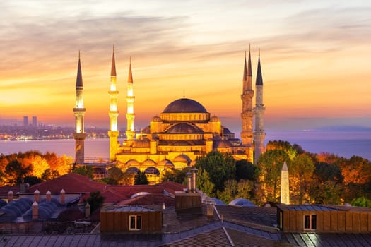 Sultan Ahmet Mosque and the sunset colors, Istanbul, Turkey.