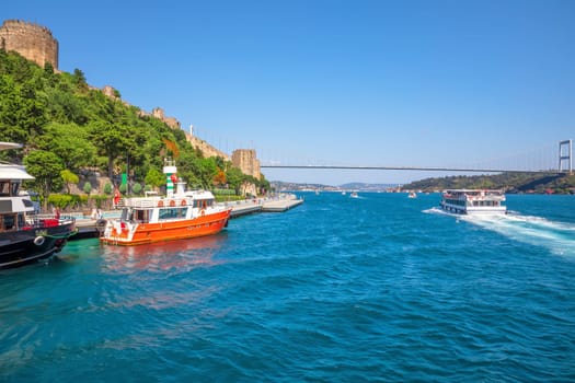 Roumeli Hissar Castle and Fatih Sultan Mehmet Bridge, Istanbul, Turkey.