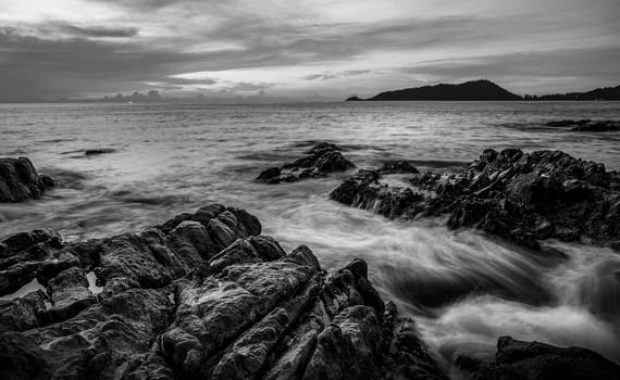 Sea sunset or sunrise with colorful of cloud sky and sunlight in twilight, black and white  monochrome  monochromatic