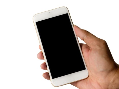 Hand with smart phone black screen isolated on white background