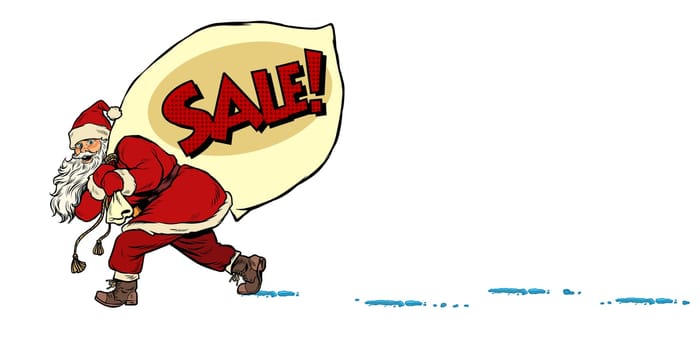 Christmas sale business concept. Santa with a bag of gifts. Christmas and New year. Pop art retro vector illustration kitsch vintage drawing