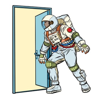 astronaut opens the door to the unknown. Pop art retro vector stock illustration drawing