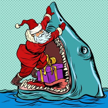 Santa Claus pushes Christmas gift into shark mouth. Pop art retro vector illustration kitsch vintage drawing