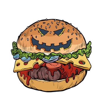 Burger fast food with Halloween pumpkin face. Pop art retro vector illustration kitsch vintage drawing