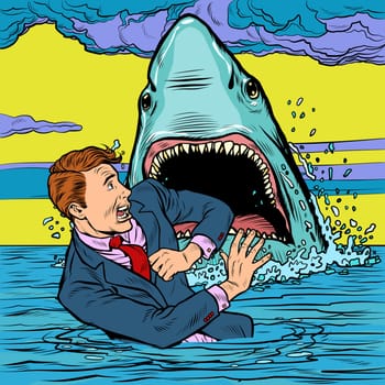The shark attacks the businessman. Man afraid. Pop art retro vector illustration drawing