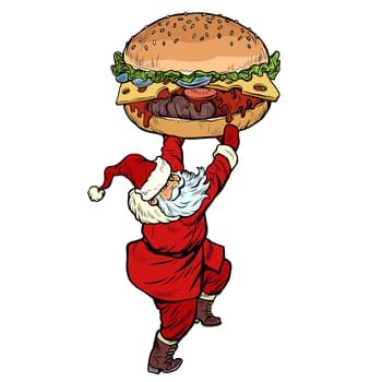 Santa Claus with Burger. Christmas menu fast food restaurant concept. Pop art retro vector illustration kitsch vintage drawing