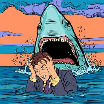 The shark attacks the businessman. Man afraid. Pop art retro vector illustration drawing
