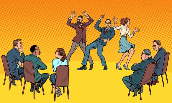 Dance competition. Dancing people and jury. Pop art retro vector illustration drawing