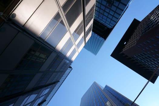 The underside and under view of the Japan Center skyscraper in Frankfurt surrounds from various other skyscrapers on the Taunus Gate...