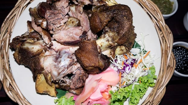 pork knee dish grill closeup bone gourmet