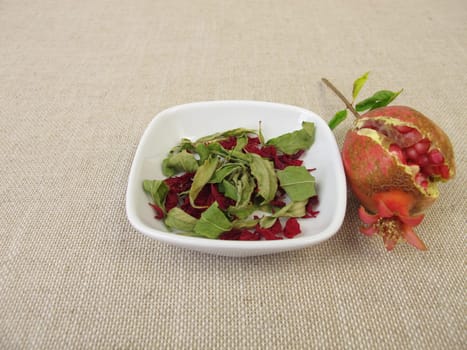 A small pomegranate, pomegranate leaves and pomegranate blossoms in a bowl