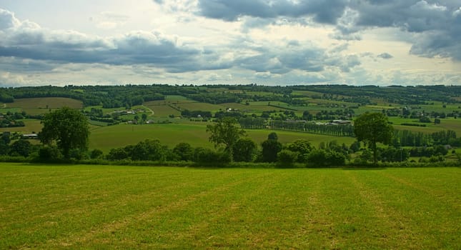 View from the hill on tranquil landscape in rural Normandy