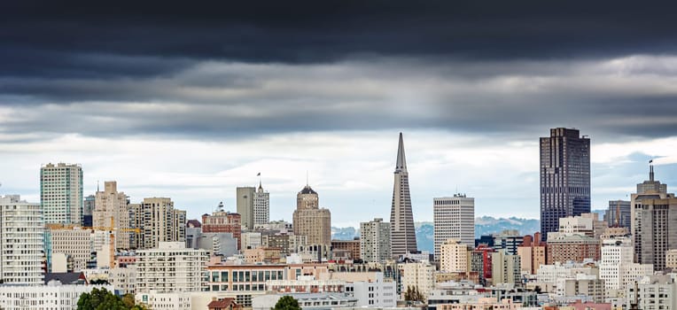 San Francisco city skyline on a cloudy day. Bad weather and heavy clouds