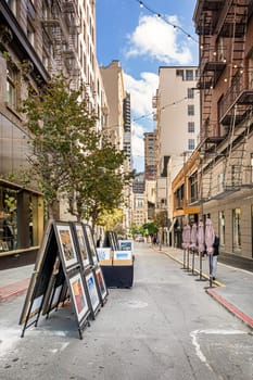 San Francisco, CA, USA, October 2016: Maiden Ln alley near Union Square with exhibited paintings for sale