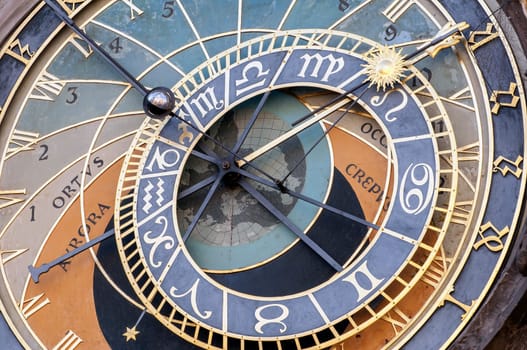 Close up view of the astronomical clock of Prague, Czech Republic.