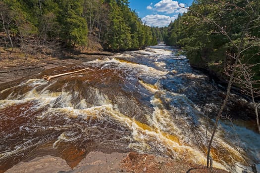 Dramatic Cascades on the Presque Isle River in Spring in Porcupine Mountains State Park in Michigan