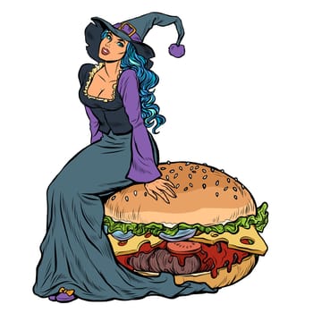 Halloween witch sitting on a Burger. Festive menu in the restaurant. Pop art retro vector illustration kitsch vintage drawing