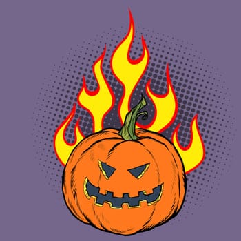 Halloween pumpkin in the flames of hell. Pop art retro vector illustration kitsch vintage drawing