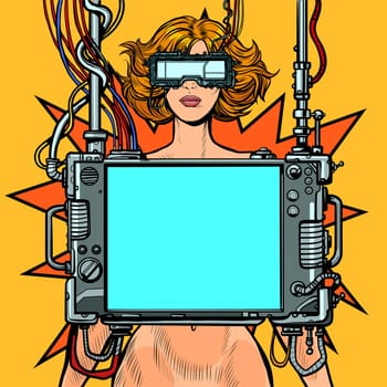medical research. Cyberpunk naked woman virtual reality concept. Pop art retro vector illustration drawing vintage kitsch