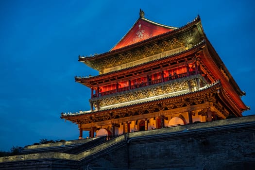 Xian, China -  July 2019 : Xian Bell Drum Tower beautifully lit and illuminated at night, Shaaxi Province