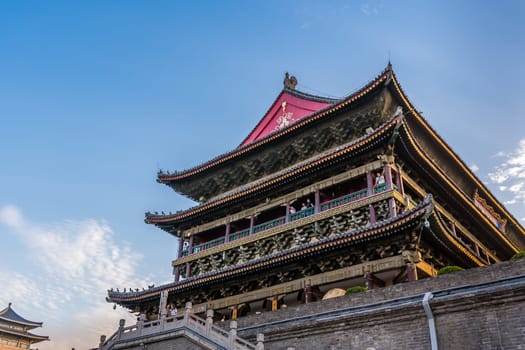 Xian, China -  July 2019 : People looking down from the balconies of the landmark Drum Tower in the city Xian, Shaaxi Province, Central China
