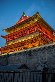 Xian, China -  July 2019 : Xian Bell Drum Tower beautifully lit and illuminated at night, Shaaxi Province