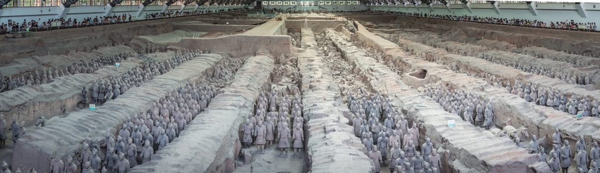 Xian, China -  July 2019 : Panorama of an army of terracota clay soldiers, created during the reign of first chinese emperor Qin Shi Huang Di,  Shaanxi Province