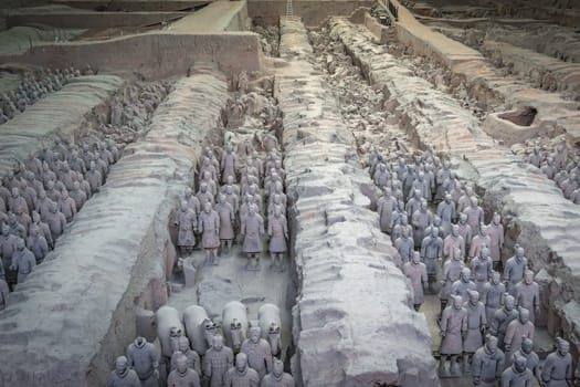Xian, China -  July 2019 : An army of terracota clay soldiers, created during the reign of first chinese emperor Qin Shi Huang Di, Xian, Shaanxi Province