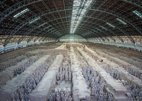 Xian, China -  July 2019 : An army of terracota clay soldiers, created during the reign of first chinese emperor Qin Shi Huang Di, Xian, Shaanxi Province