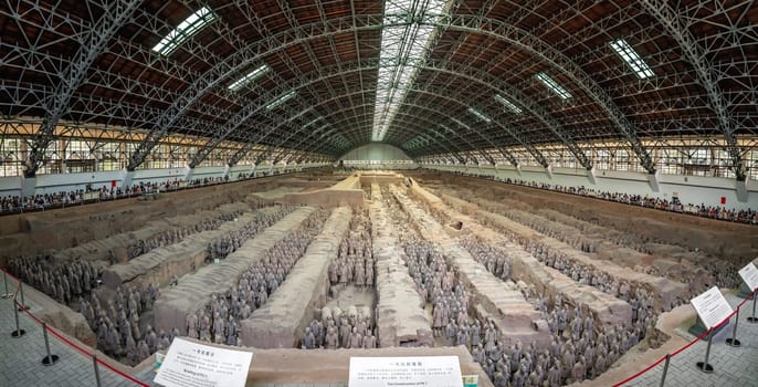 Xian, China -  July 2019 : An army of terracota clay soldiers, created during the reign of first chinese emperor Qin Shi Huang Di, Xian, Shaanxi Province
