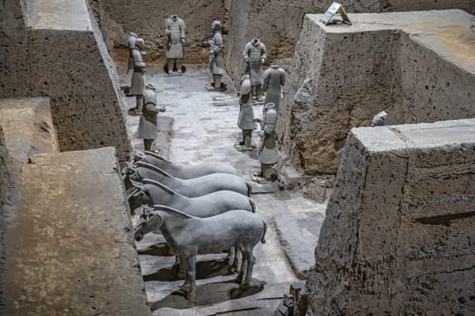 Xian, China -  July 2019 :  Standing clay soldiers forming part of an army of terracota warriors, created during the reign of first chinese emperor Qin Shi Huang Di, Shaanxi Province
