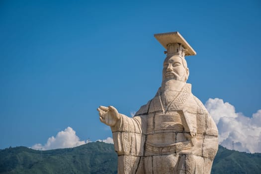 Xian, China -  July 2019 :  Large and imposing sculpture of Chinese philosopher Confucius on the site of Terracotta Army Museum