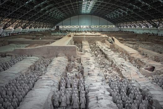 Xian, China -  July 2019 : An army of terracota clay soldiers, created during the reign of first chinese emperor Qin Shi Huang Di, Xian, Shaanxi Province